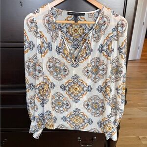 White House Black Market Cream and Blue Patterned Blouse